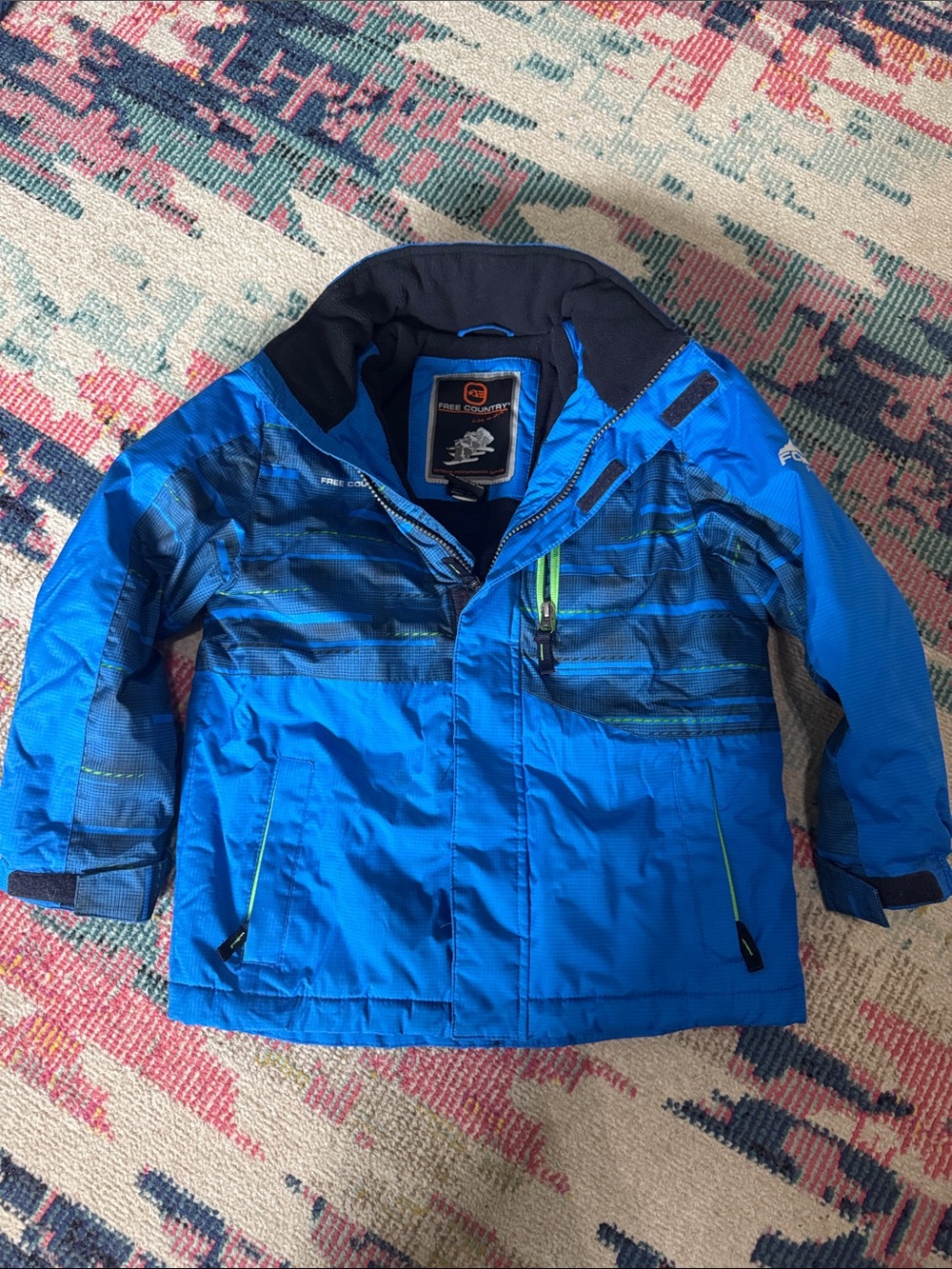 Free Country Kids Bright Blue Puffer Jacket with Navy Stripe Details